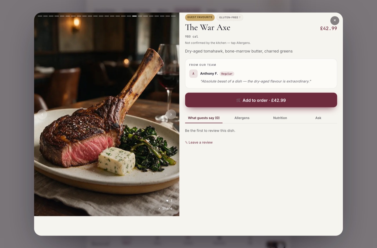 A dish opened inside the menu to its reel and photos, with allergens, a note from the team and add to order