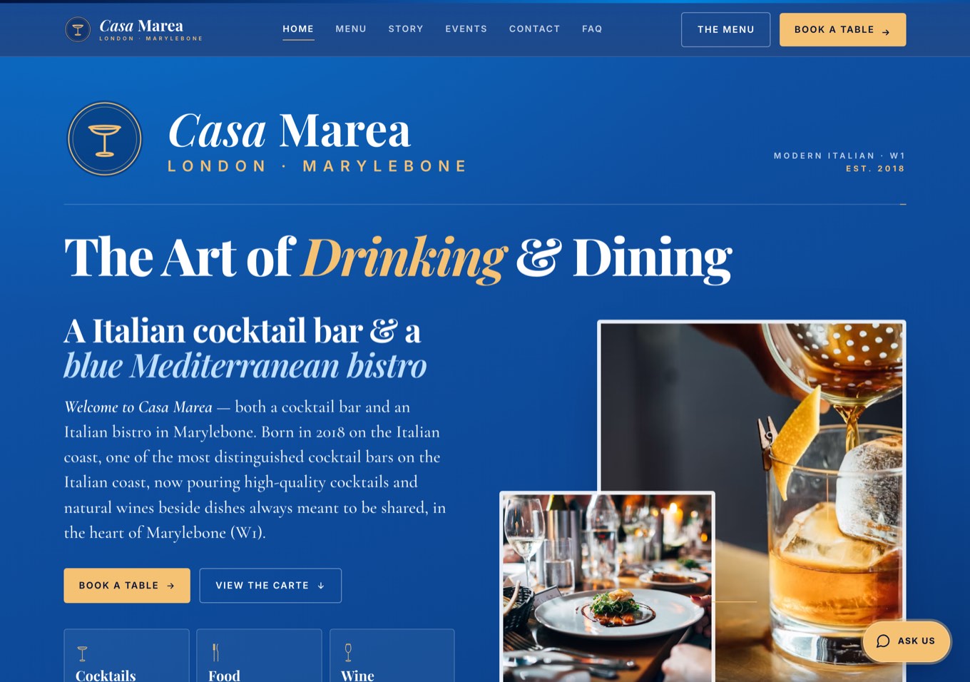 The Casa Marea demonstration site home page — a cobalt cocktail-bar identity