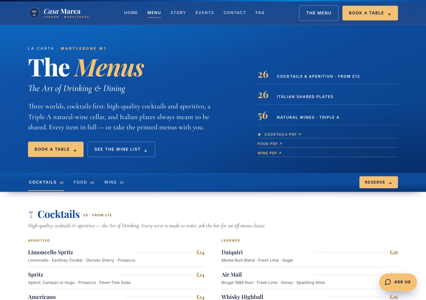 The Casa Marea demonstration site drinks and food menu