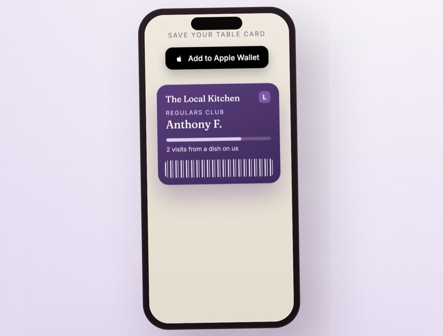 A phone showing the Add to Apple Wallet button above a loyalty pass for a demonstration venue