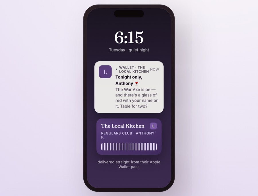 A phone lock screen showing a Wallet notification inviting a regular back on a quiet Tuesday