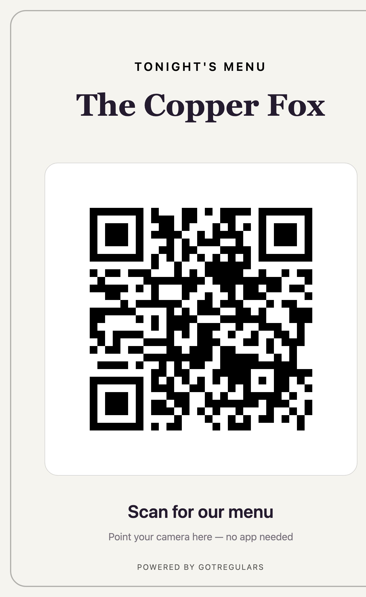A printed QR table card for the venue