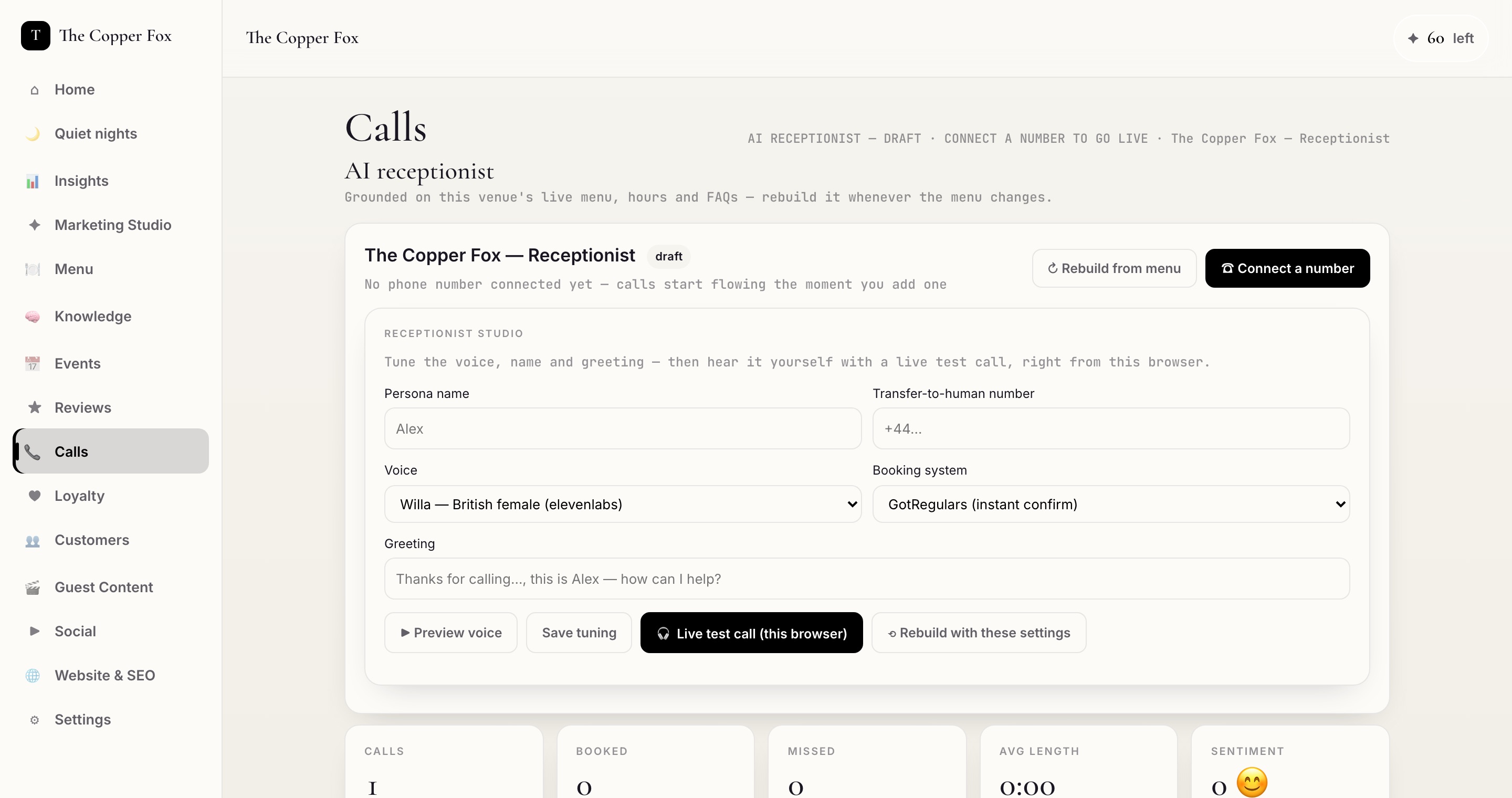 Calls view in the owner console