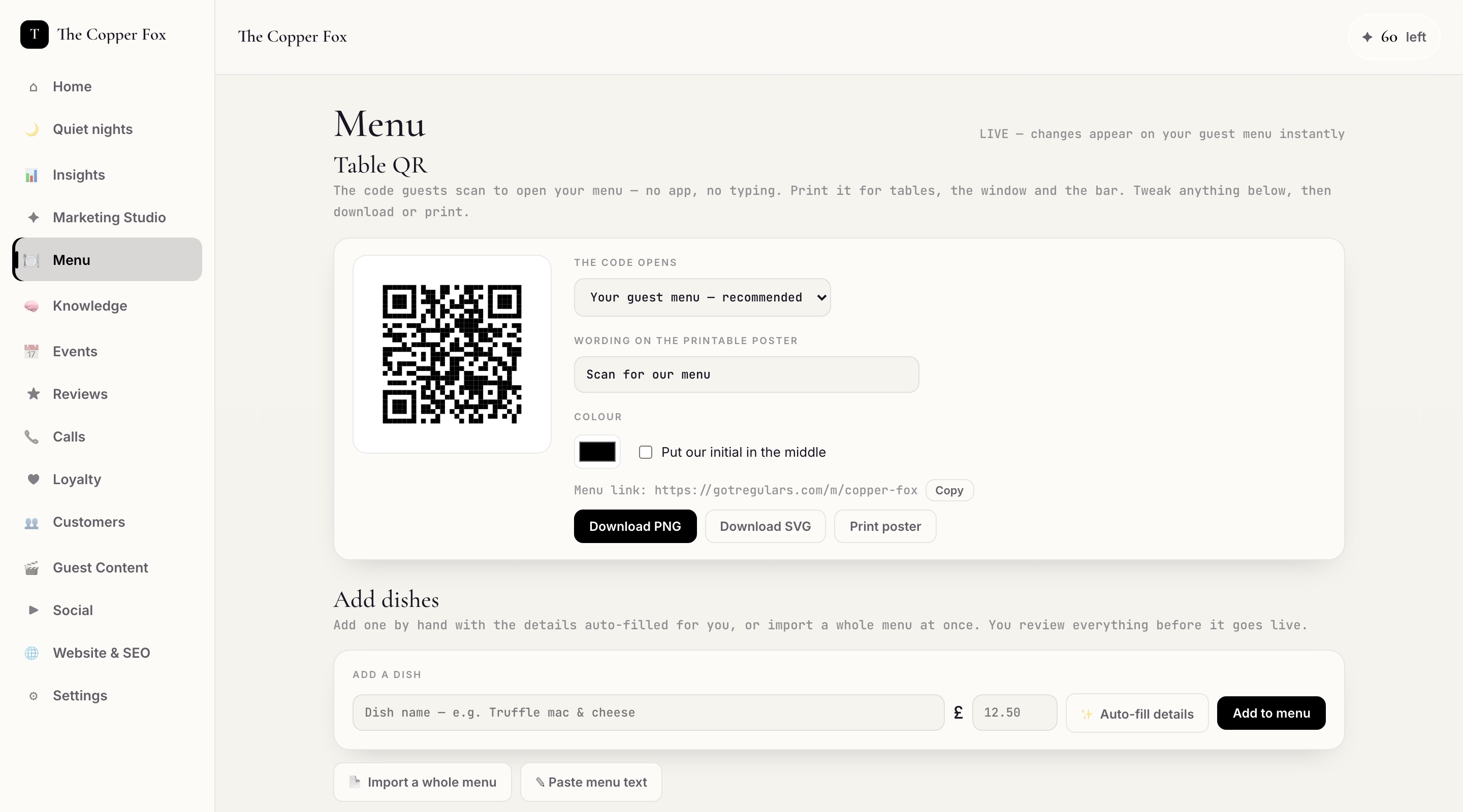 Menu view in the owner console