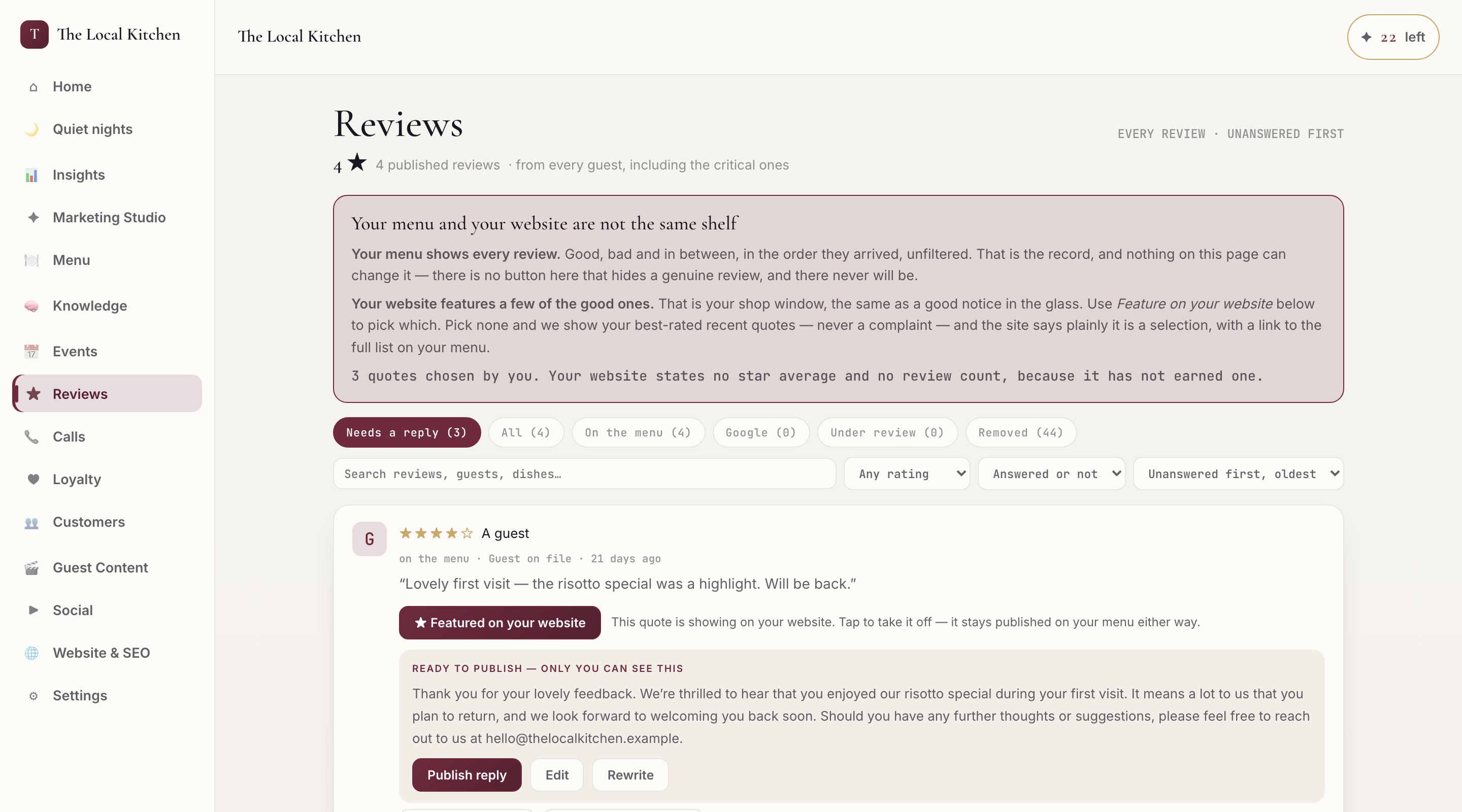 Reviews view with drafted replies