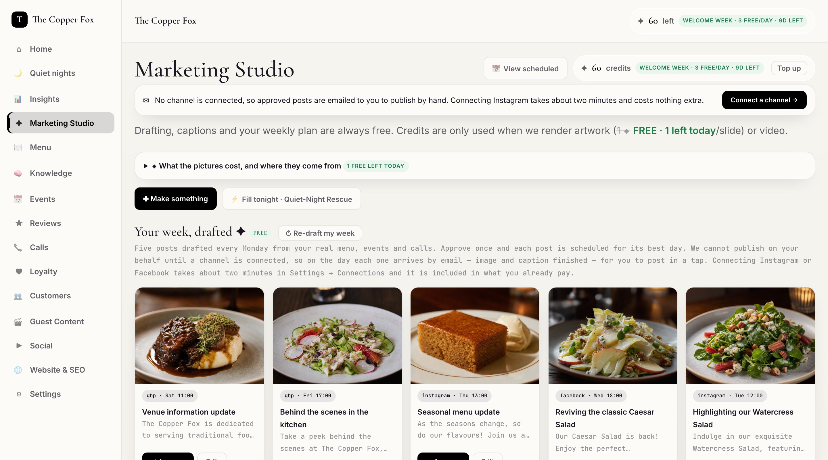 Marketing Studio with a week of drafted posts