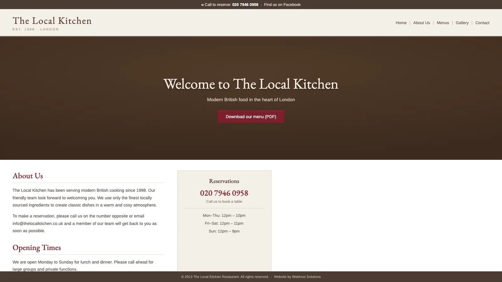 A typical template restaurant website: a brown banner, a Download our menu PDF button, and a phone number to book by.