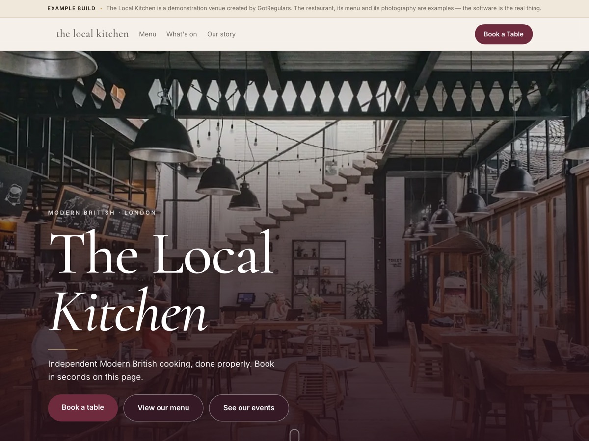 The venue website GotRegulars built for The Local Kitchen