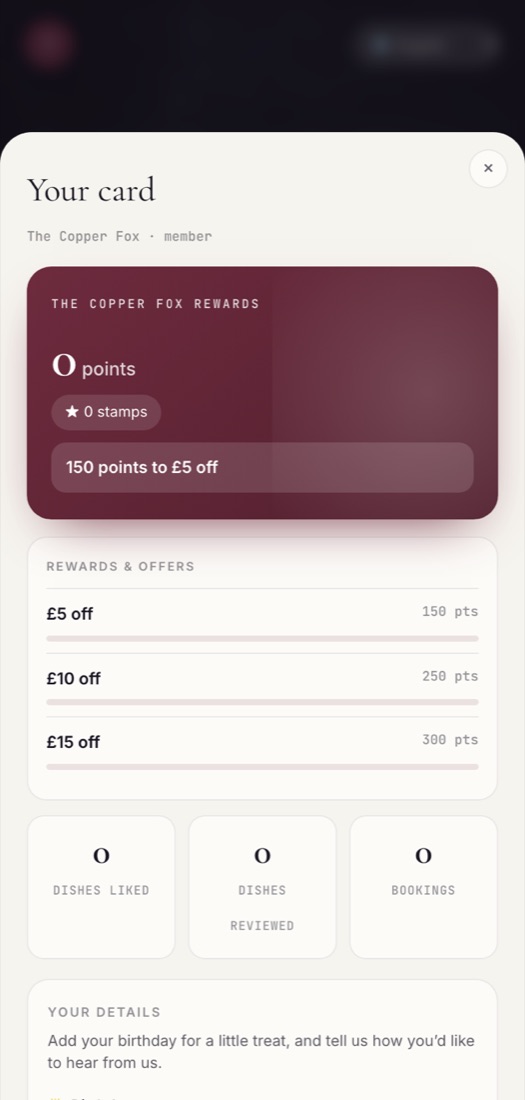 A guest's loyalty card on a phone: points balance, stamps, progress to the next reward, and a reward ladder of five, ten and fifteen pounds off.