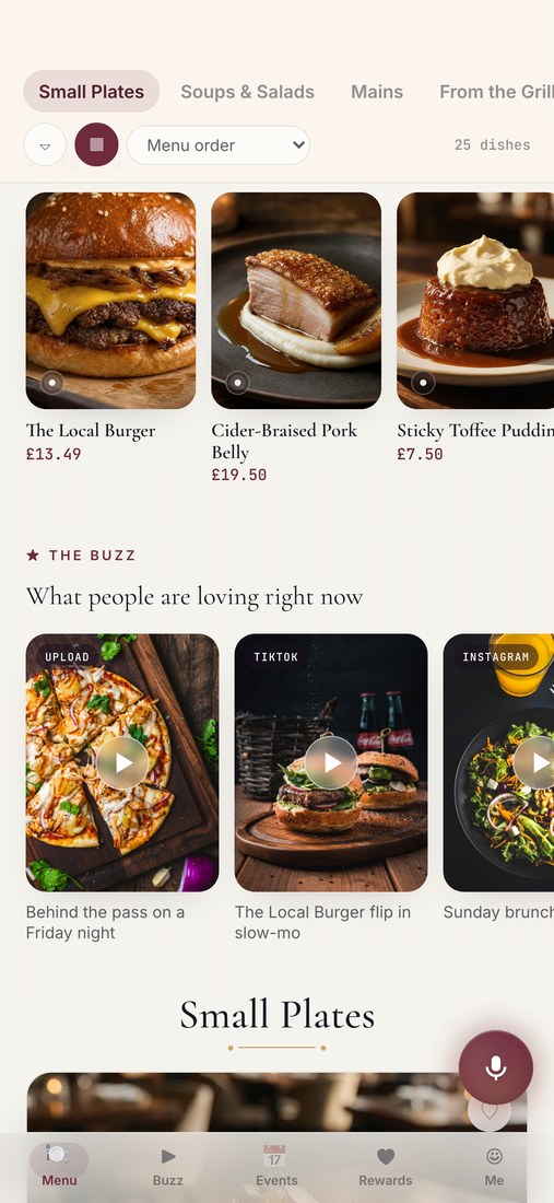 The Local Kitchen demo menu on a phone: category tabs, a dish counter reading 25 dishes, photographed dishes with prices, and a row of dish reels.