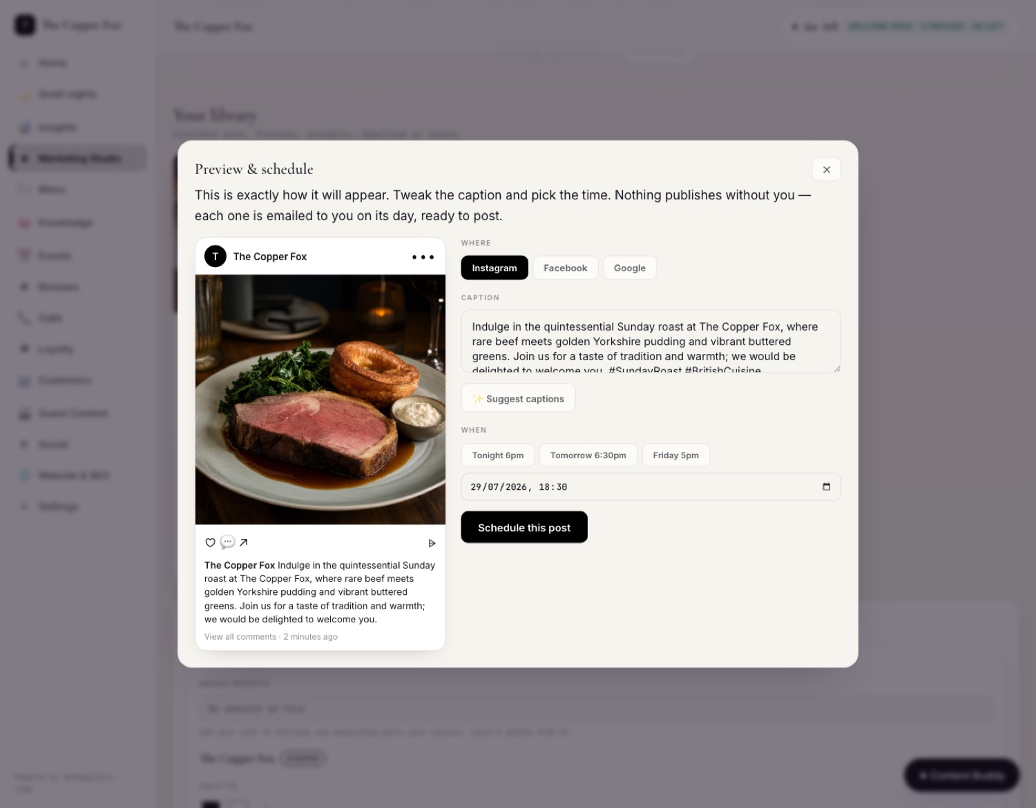 A preview and schedule dialog: the post exactly as it will appear, a channel choice of Instagram, Facebook or Google, an editable caption, and a date and time field.