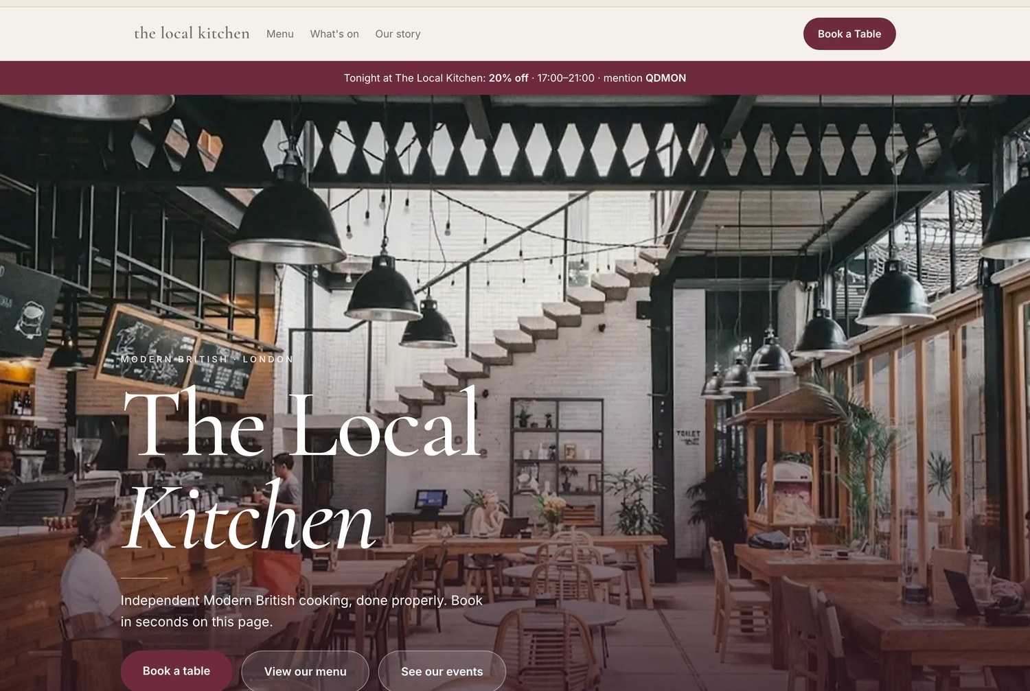 The Local Kitchen demo website: a full-bleed photograph of the dining room under pendant lights, the venue name, and Book a table, View our menu and See our events buttons.