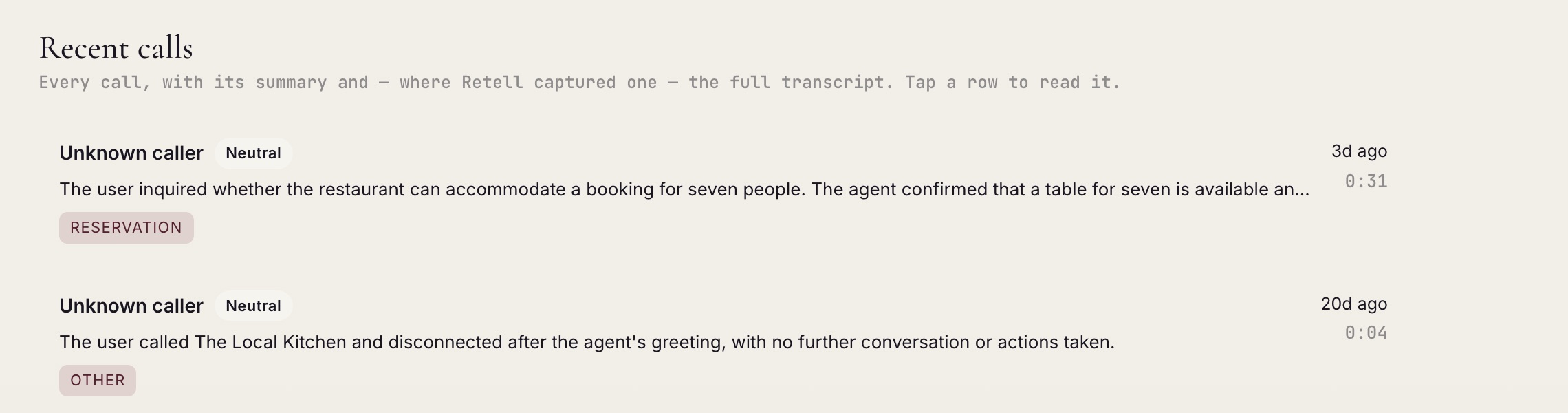 The call record — every call with its summary