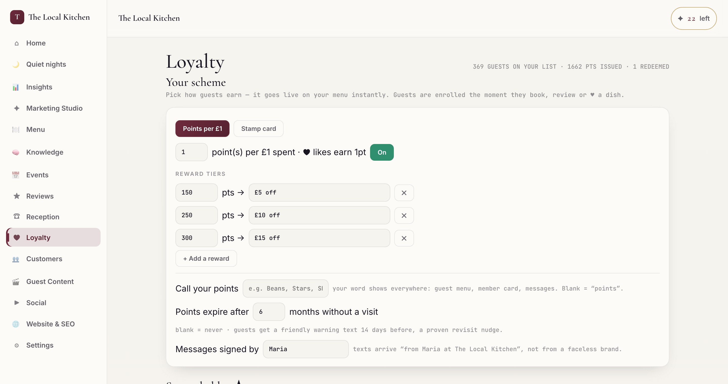 Loyalty scheme settings in the owner console