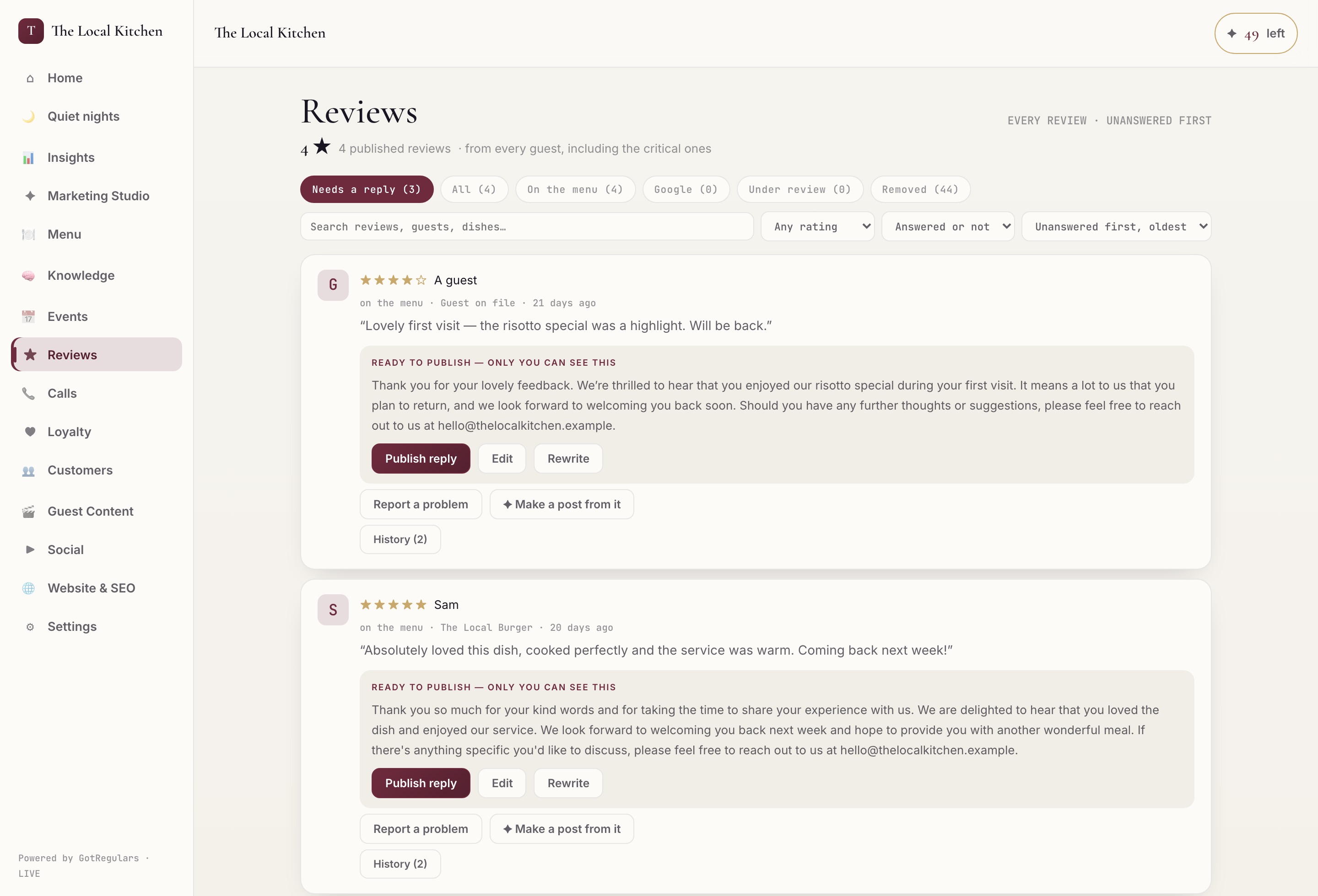 A review with its drafted reply, waiting to publish