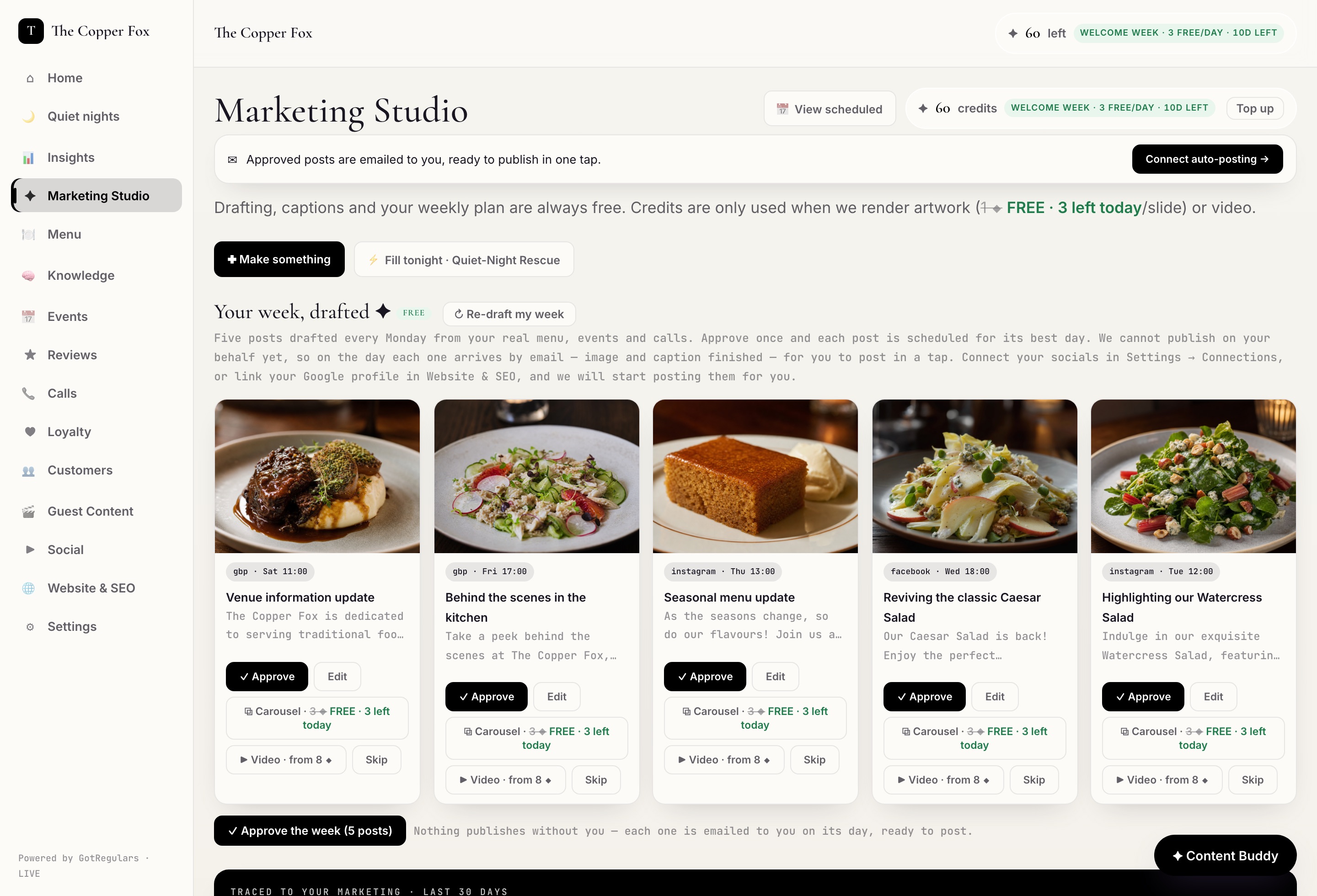Marketing Studio with a week of drafted posts