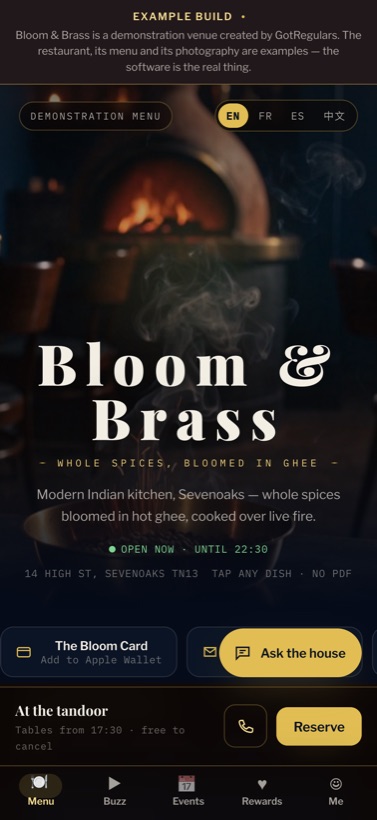 Bloom & Brass — example menu preview