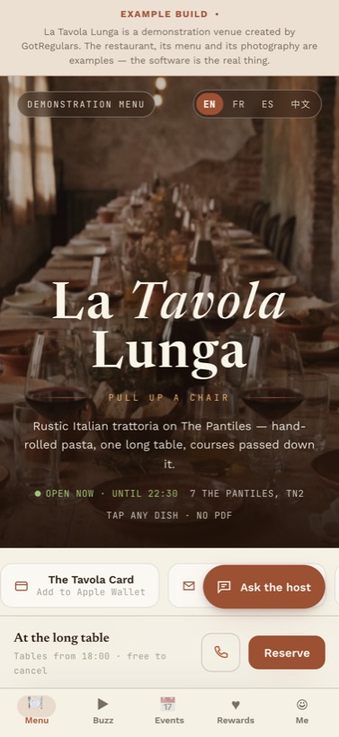 La Tavola Lunga — example menu preview